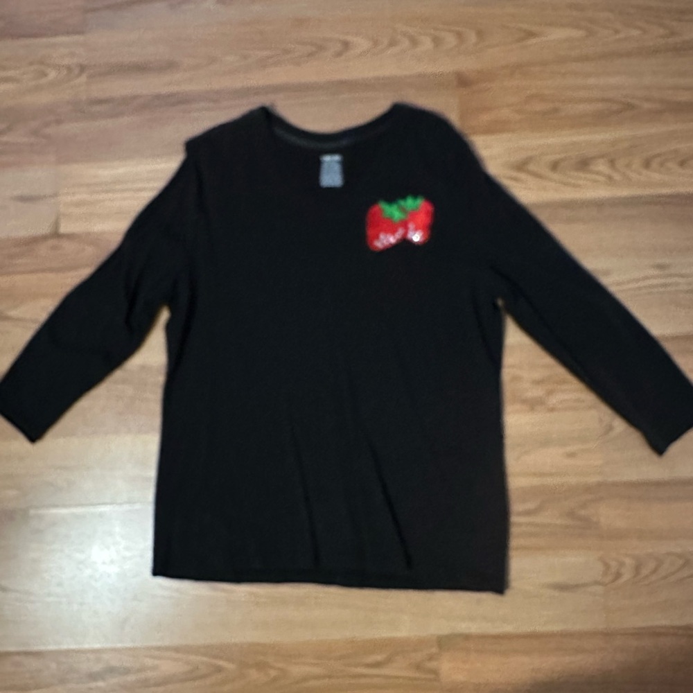 Cherokee Black Long Sleeve Top with Embroidered Red Strawberry Design